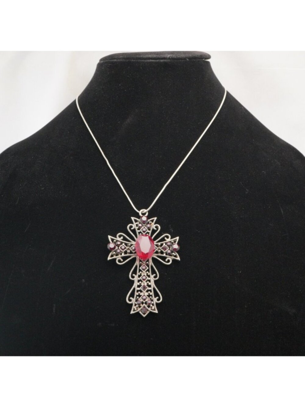 Vintage Goth Filigree Cross Necklace Red Rhinestone Silver Tone 18" - Picture 2 of 7